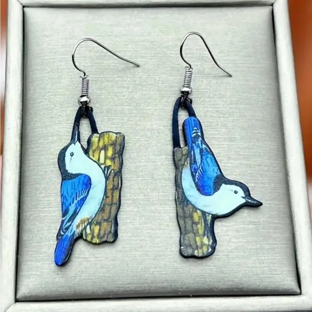 Nuthatch bird drop earrings blue vibrant gift animal lover cute quality new